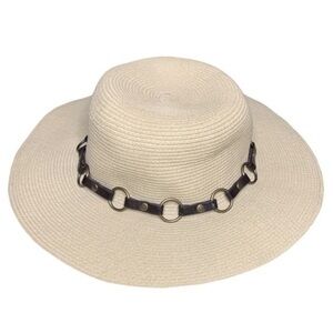 NEW August T Natural Straw Hat Sun Hat with Brown Leather and Brass Ring Acccent